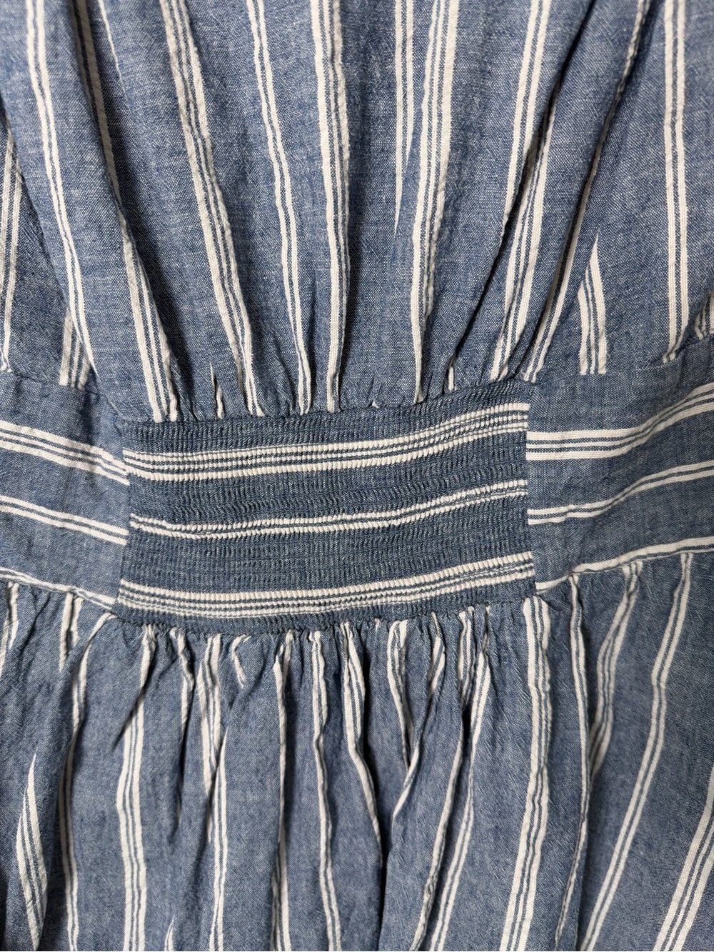 Free People Medium Blue Striped Linen Dress Deep V Neck Pockets Boho - Picture 9 of 10